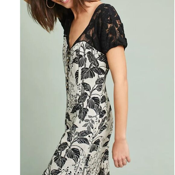 Anthropologie Jumpsuit Wide Leg Women 0 Crop Leaf Floral Black Lace Short Sleeve - Picture 9 of 12